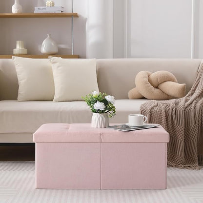 CUYOCA Storage Ottoman Bench Foldable Seat Footrest Shoe Bench End of Bed Storage with Flipping Lid, 75L Storage Space, 30 inches Linen Fabric Pink, OT026PK