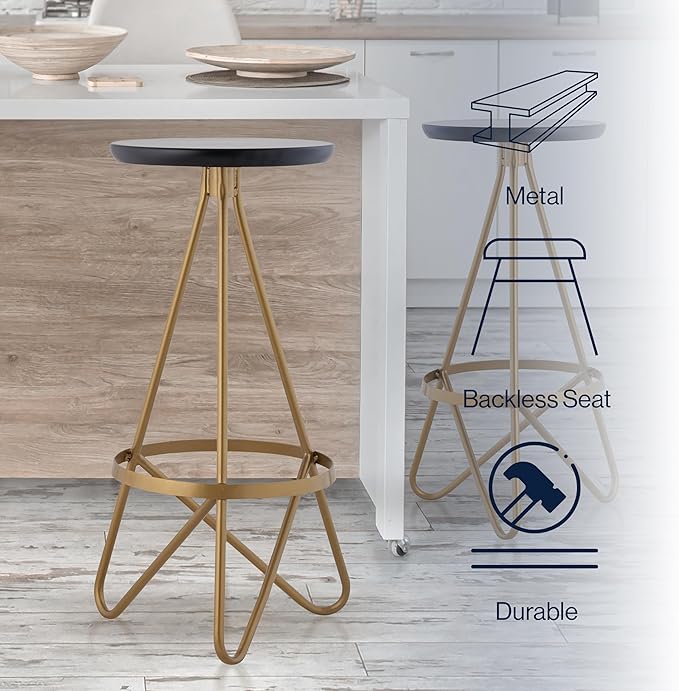 JONATHAN Y BSL1000C Spiroa 30" Modern Industrial Metal Backless Circular Bar Stool for Home, Kitchen, Dining Room, Workspaces, Cafes and Resturants, Black Seat with Gold Frame