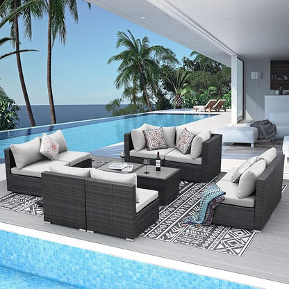 NICESOUL 10 Piece Outdoor Furniture Set, Extra Large Patio Modular Sectional Sofa with Side Tables, 29.3'' High Back Comfy Rattan Conversation for Backyard Garden Deck, Deep Wide Seated Couch, Grey