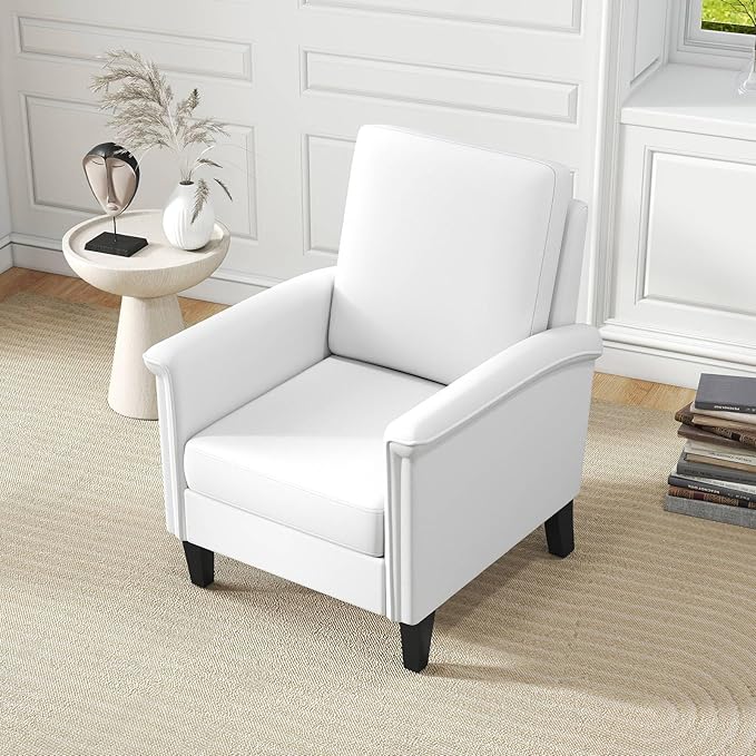 GOFLAME Modern Accent Chair, Comfy Upholstered Armchair with Rubber Wood Legs and Thick Padded Cushion, High Back Single Sofa Chair, Reading Side Chair for Living Room, Bedroom, White