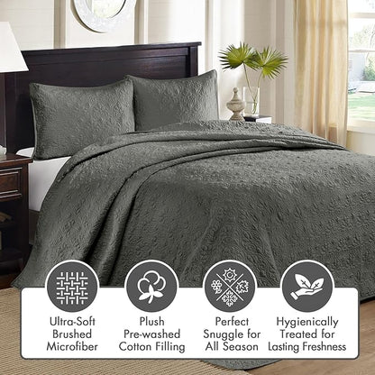 Madison Park Quebec Reversible Quilt Set Damask Design, Double Sided Stitching All Season, Lightweight Bedspread Bedding Set, Matching Sham, Dark Grey, King(120"x118") 3 Piece