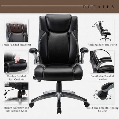 COLAMY Executive Office Ergonomic Chair with Thick Bonded Leather, Flip-up Armrests, High Back Adjustable Height and Tilt for Working, Study, Gaming