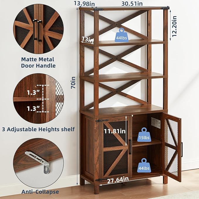 5 Tier Bookshelf 70" Tall Bookcase with Barn Doors,Large Farmhouse Display Book Shelf with Adjustable Shelves and Storage Cabinet，Library Wood Bookshelves for Living Room,Kitchen,Brown