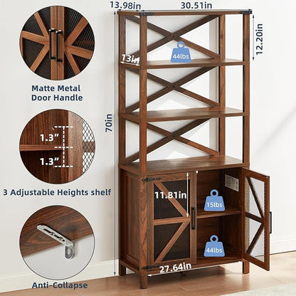5 Tier Bookshelf 70" Tall Bookcase with Barn Doors,Large Farmhouse Display Book Shelf with Adjustable Shelves and Storage Cabinet，Library Wood Bookshelves for Living Room,Kitchen,Brown