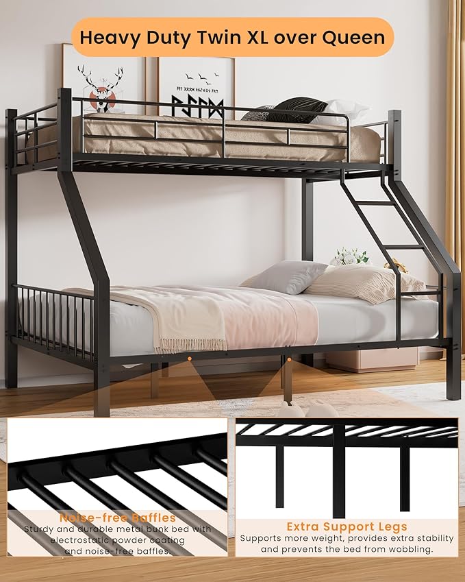 Twin XL Over Queen Bunk Bed, Heavy Duty Bunk Bed with EVA Padded Ladder and Full-Length Guardrails, Metal Queen Bed Frame with Slats Support for Adults, Teens, Kids, Black