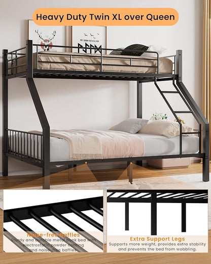 Twin XL Over Queen Bunk Bed, Heavy Duty Bunk Bed with EVA Padded Ladder and Full-Length Guardrails, Metal Queen Bed Frame with Slats Support for Adults, Teens, Kids, Black