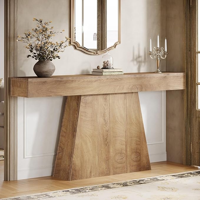 Tribesigns 63" Console Table, Farmhouse Entryway Table with Trapezoidal Base, Narrow Long Wood Sofa Table Behind Couch Table for Entrance, Hallway, Living Room, Natural