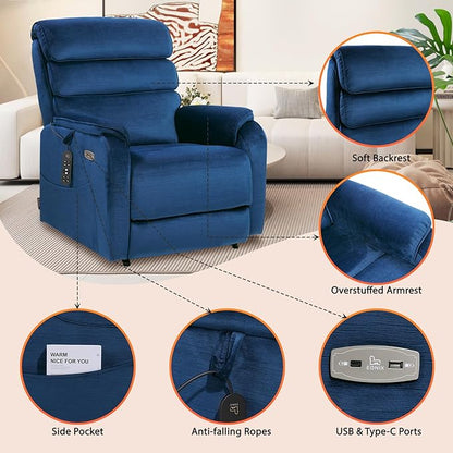 EONIX Wide Lay Flat Power Lift Recliner Chair for Elderly, Heavy Duty Oversized Fabric Lift Chairs Recliner Sofa with Heat and Massage and Charging Ports, Chenille Blue