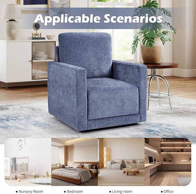 INZOY Swivel Accent Chair, Comfy 360° Swivel Chair with Hidden Storage, Upholstered Chenille Square Chair for Living Room Bedroom Small Spaces, Fully Assembled, Blue