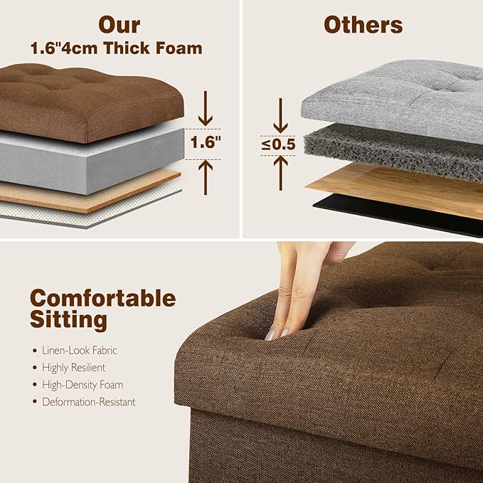 Storage Ottoman Cube, 61L Slim Tall Foldable Foot Rest with Thicker Foam Padded Seat. 350 lbs Small Linen Ottoman with Storage Bench Footstool for Living Room, Bedroom, Coffee Table. 17x13x17in, Brown