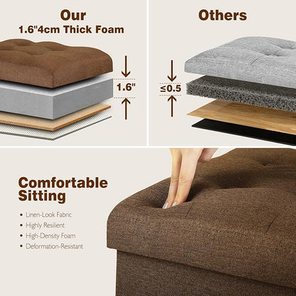 Storage Ottoman Cube, 61L Slim Tall Foldable Foot Rest with Thicker Foam Padded Seat. 350 lbs Small Linen Ottoman with Storage Bench Footstool for Living Room, Bedroom, Coffee Table. 17x13x17in, Brown