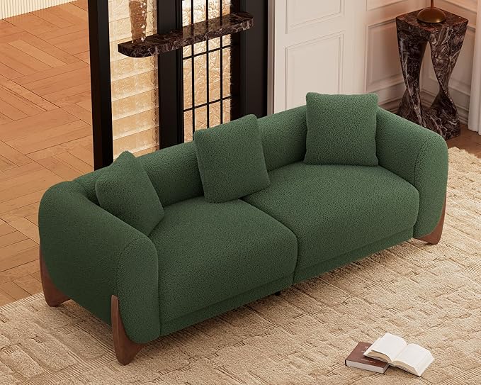 Morden Fort Modern Cloud Couch - 3 Seater Sherpa Boucle Sofa with Wood Legs, Ultra-Thick High Resilience Cushion with 3 Matching Pillows Upholstered Comfy Couch Sofa for Living Room - Forest Green
