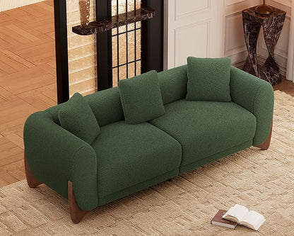 Morden Fort Modern Cloud Couch - 3 Seater Sherpa Boucle Sofa with Wood Legs, Ultra-Thick High Resilience Cushion with 3 Matching Pillows Upholstered Comfy Couch Sofa for Living Room - Forest Green