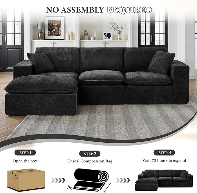 108" Sectional Couches for Living Room Boneless Couch Upholstered Cloud Couch Sectional Modular Sectional Sofa with L Shaped (Chenille-Black, 3 Seat+1 Ottoman)