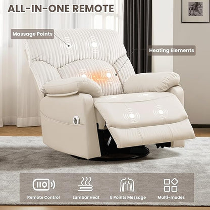 Power Swivel Rocker Recliner Chair with Massage and Heat for Adults, Electric Infinite Position Recliner with USB Charging Port, Corduroy and PU Leather Mixed Fabric, Easy Assembly (Ivory)