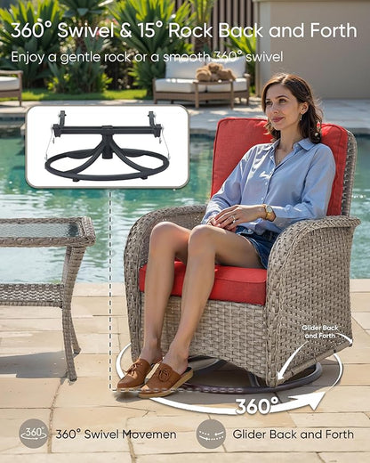 HUMMUH 6 Pieces Outdoor Patio Furniture-PE Rattan Wicker Sofa with Patio Swivel Rocking Chairs Patio Furniture for Deck Lawn Porch Balcony Poolside-Grey/Red