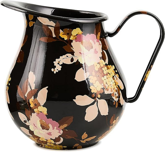 MACKENZIE-CHILDS Enamel Pitcher with Spout, Cute Water Pitcher, 3 Quarts, Wild Rose Brown
