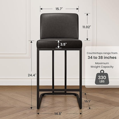 PHI VILLA Dark Grey Bar Stools Set of 6, Faux Leather Counter Height Chairs, Kitchen Stools for Island, 24 Inch Barstools with Back