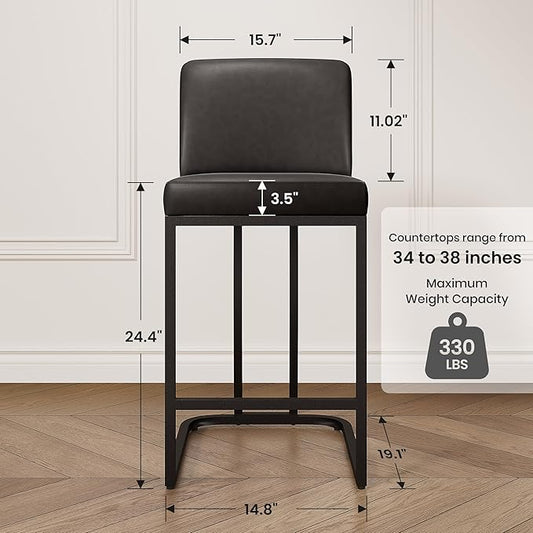 PHI VILLA Dark Grey Bar Stools Set of 6, Faux Leather Counter Height Chairs, Kitchen Stools for Island, 24 Inch Barstools with Back