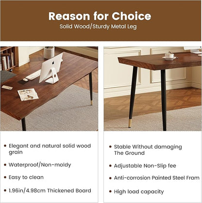 Solid Wood Desk 55 inches, Home Office Computer Desk Wooden Rustic Writing Desk Metal Modern Simple Design Executive Real Wood Desk(Walnut)