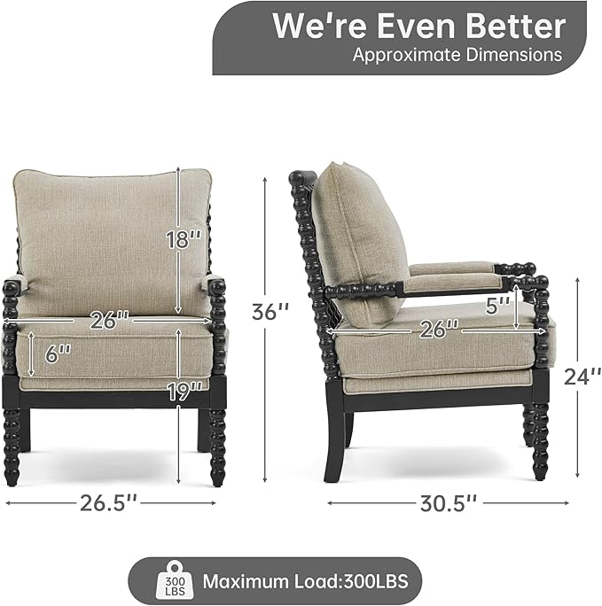 Morden Fort Linen Fabric Spindle Accent Chairs Set of 2, French Style Chairs with High Resilience Spring Cushion and Armrest Pads, Leisure Armchair for Living Room Bedroom Farmhouse Office Balcony