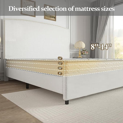 Full Size Bed Frame with Headboard, 56" Upholstered Platform Bed with Nailhead Trim, Soft Boucle Fabric, No Box Spring Needed, Easy Assembly, White