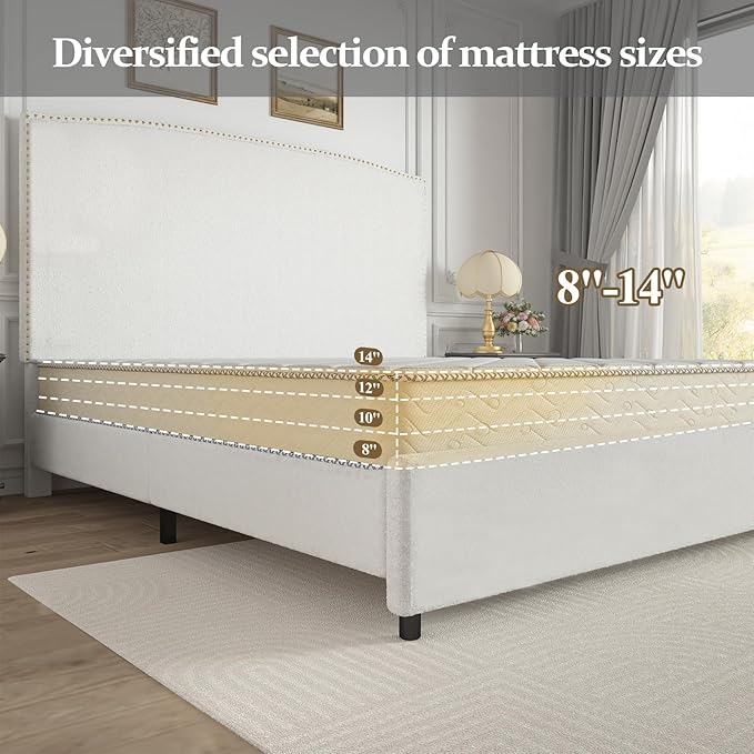 Queen Size Bed Frame with Headboard, 56" Upholstered Platform Bed with Nailhead Trim, Soft Boucle Fabric, No Box Spring Needed, Easy Assembly, White