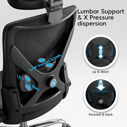 Ergonomic Office Chair-Computer X-Shaped Chair Mesh PU Leather with Adjustable Lumbar Support-Executive Desk Chair High Back with Headrest Flip-Up Arms for Long Hours (Black)