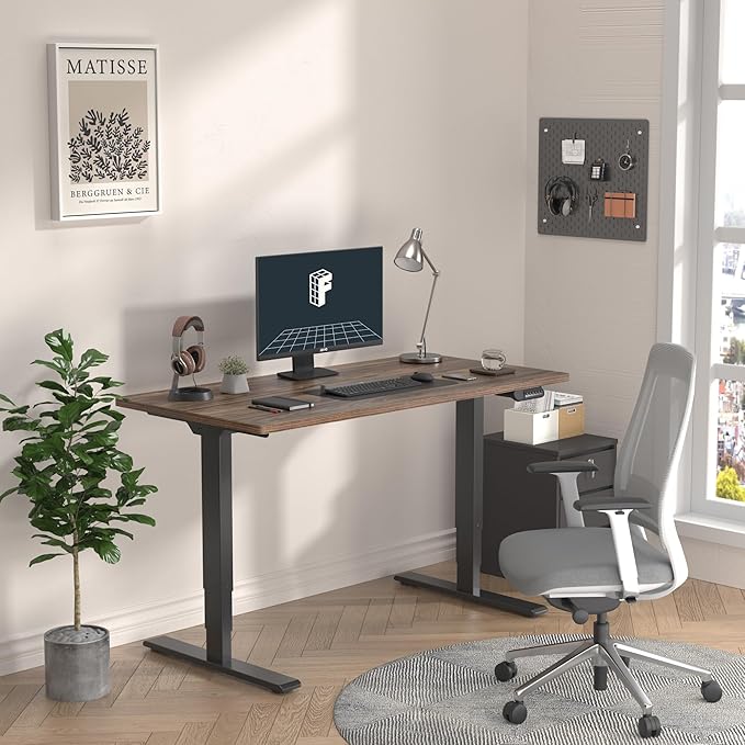 FLEXISPOT E6 3 Stages Dual Motor Electric Standing Desk 48x30 Inch Whole-Piece Board Height Adjustable Electric Sit Stand Desk(Black Frame + Brown Wood Grain Desktop, 2 Packages)