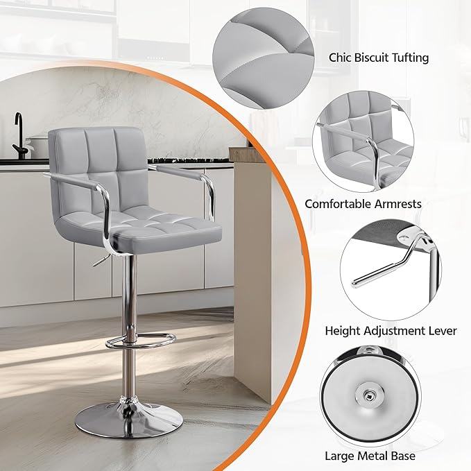 Yaheetech Bar Stools, PU Leather Adjustable Swivel Barstools, Hydraulic Kitchen Counter Height Bar Chairs with Armrest and Back for Kitchen, Dining Room, Light Grey