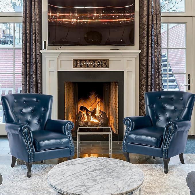 MOJAY PU Leather Accent Chair Set of 2, Mid-Century Modern Armchair Living Room Club Chair with Tufted Button & Rivet Trim, Upholstered Sofa Chair with Sturdy Wood Legs for Bedroom (Navy)