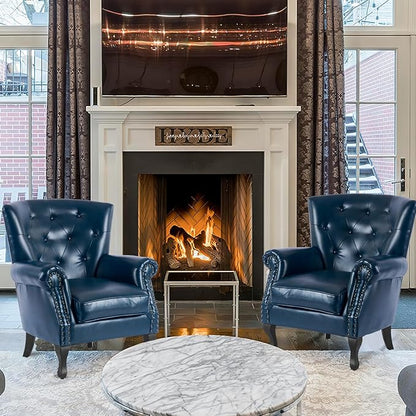 MOJAY PU Leather Accent Chair, Mid-Century Modern Armchair Living Room Club Chair with Tufted Button & Rivet Trim, Upholstered Sofa Chair with Sturdy Wood Legs for Bedroom (Navy)