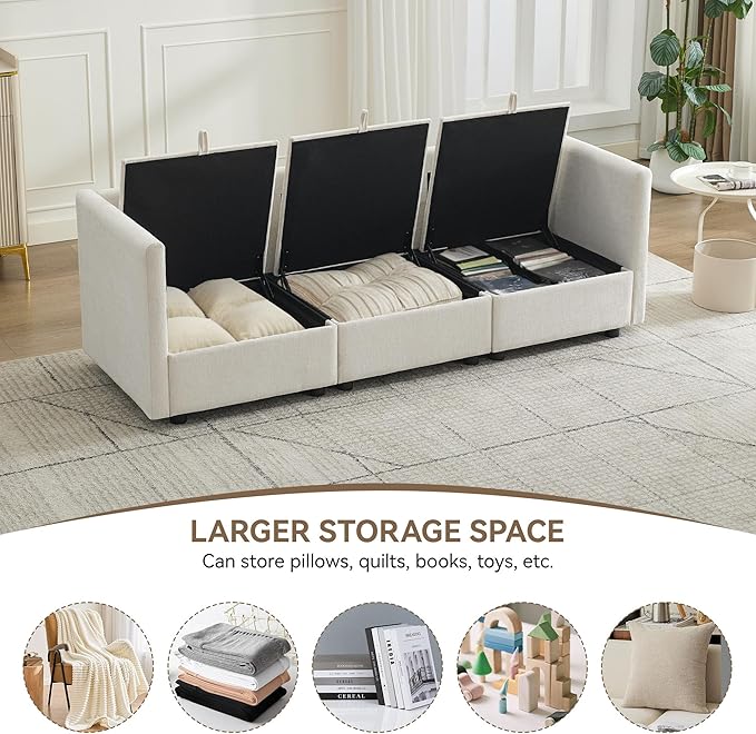 80" Cloud Modular 3 Seater Sofa with Storage, Modern Upholstered Storage Sofa Couch Deep Seat, Sectional Sofa Chenille Comfy Couch with Armrests for Living Room, Small Space, Beige