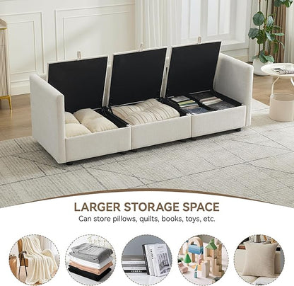 80" Cloud Modular 3 Seater Sofa with Storage, Modern Upholstered Storage Sofa Couch Deep Seat, Sectional Sofa Chenille Comfy Couch with Armrests for Living Room, Small Space, Beige