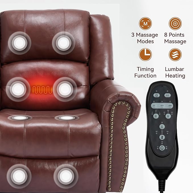 Luxlen Power Lift Recliner Chair for Elderly, Dual Motor Massage Recliner with Lumbar Heat, Heavy Duty Motion Mechanism Lift Chair with Charge Ports, Genuine Leather - Red