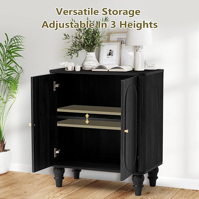 ORRD Fluted Storage Cabinet, Modern Credenza Wooden Accent Sideboard Buffet Cabinet Set of 2 with Adjustable Shelves and Solid Wood Legs, Console Table for Kitchen Dining Living Room Entryway, Black