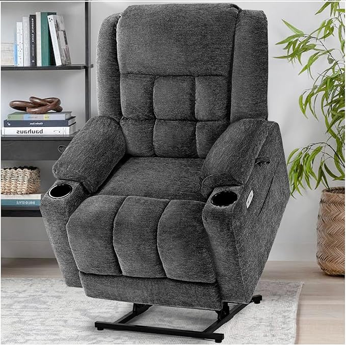 EONIX Dual Motor Lay Flat Power Lift Recliner Chair for Elderly, Electric Recliner Lift Chair for Adults with Heat and Massage, Cup Holders, 400lbs Heavy Duty, SLRY014062, Dark Grey