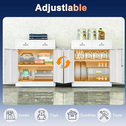 Metal Storage Cabinet, 36 Inch Tall Metal Storage Cabinet with Doors and Shelves, Pantry Cabinets with Drawer for Kitchen Storage, Garage Cabinet for Living, Dining Room, Assemble Required.