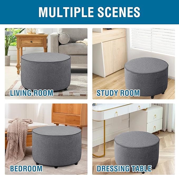 H.VERSAILTEX Round Ottoman Cover Thick Linen Look Ottoman Slipcover Round Ottoman Storage Cover Folding Stool Covers Furniture Protector Cover for Footrest Ottoman Fit Dia 24" - 26", Heather Grey