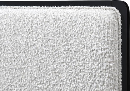 Nord Queen Size Wood Platform Bed | Box Spring Not Required | Black Frame and Cream Beige Boucle