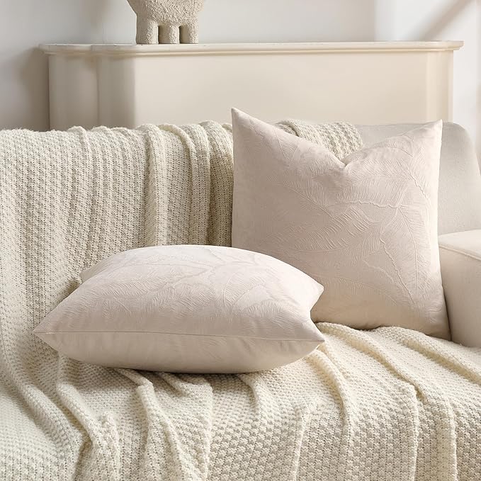FUTEI Beige Velvet Throw Pillow Covers 26x26 Inch Set of 2,Soft Embossed Leaf-Relief Textured Euro Pillow Shams,Natural Home Decor for Couch Living Room