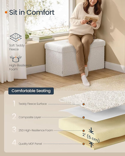 SONGMICS Storage Ottoman Bench, Storage Chest, 15 x 30 x 15 Inches, Foot Rest Stool, End of Bed Bench, Load up to 660 lb, for Living Room, Bedroom, Entryway, Cream White ULSF096W01