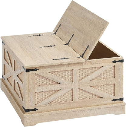VEVOR Rattan Coffee Table, Rectangle PE Rattan Woven Wood Coffee Table with MDF Top, 32-Inch Modern Boho Style Storage Table with Retro Metal Hinges, for Living Room, Bedroom & Small Spaces