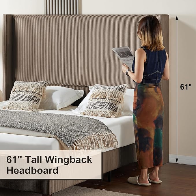 HOWE Queen Size 61" Corduroy Upholstered Bed Frame, Platform Bed with Vertical Stripe Wingback Headboard, No Box Spring Needed/Noise Free/Solid Wood Slats & Legs/Chestnut