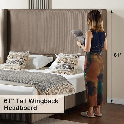 HOWE Queen Size 61" Corduroy Upholstered Bed Frame, Platform Bed with Vertical Stripe Wingback Headboard, No Box Spring Needed/Noise Free/Solid Wood Slats & Legs/Chestnut