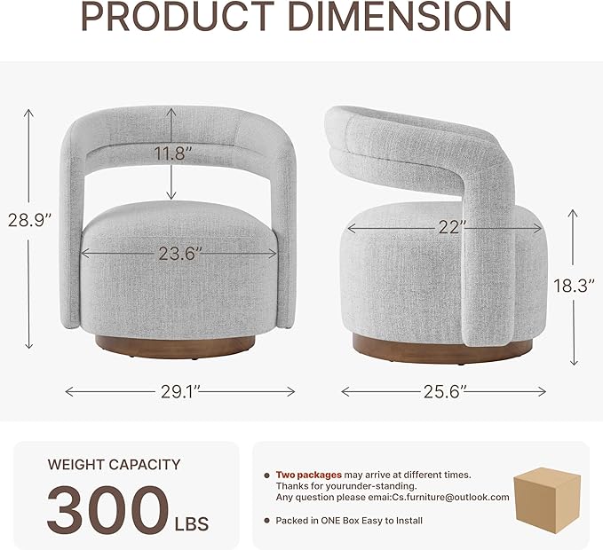 Swivel Accent Chair, Upholstered Barrel Chair with Open Back Design, Modern Arm Chair with Wooden Base for Living Room Bedroom Reading Waitingroom, White