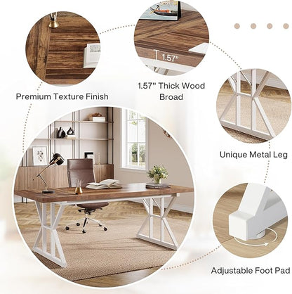 Tribesigns 70.86-Inch Large Executive Desk, Industrial Home Office Computer Desk, Simple Long Writing Study Table Business Furniture (Brown-White)