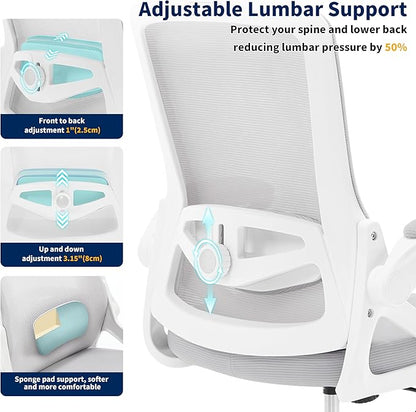 Ergonomic Office Chair, Desk Chair with Adjustable Lumbar Support, Breathable Mesh Comfy Computer Chairs with Flip-up Armrests Executive Task Chair for Adults Home Office(Gray)