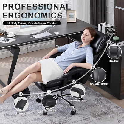 Big and Tall Office Chair, Executive Home Office Desk Chair, Leather Computer Chair with Retractable Footrest, Adjustable Headrest and Reclining Height, Padded Arms, 360°Swivel Free, Wide Seat, Black