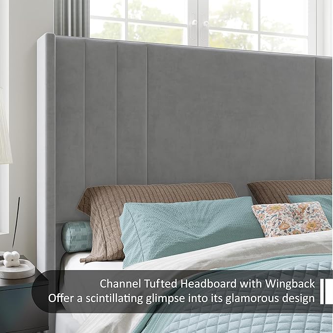 AMERLIFE Queen Size Bed Frame, Velvet Upholstered Platform Bed with Vertical Channel Tufted Headboard & Footboard/Wingback, Mattress Foundation with Wood Slats, No Box Spring Needed, Light Grey